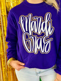 Mardi Gras Cursive Double Puff/Glitter Purple Sweatshirt