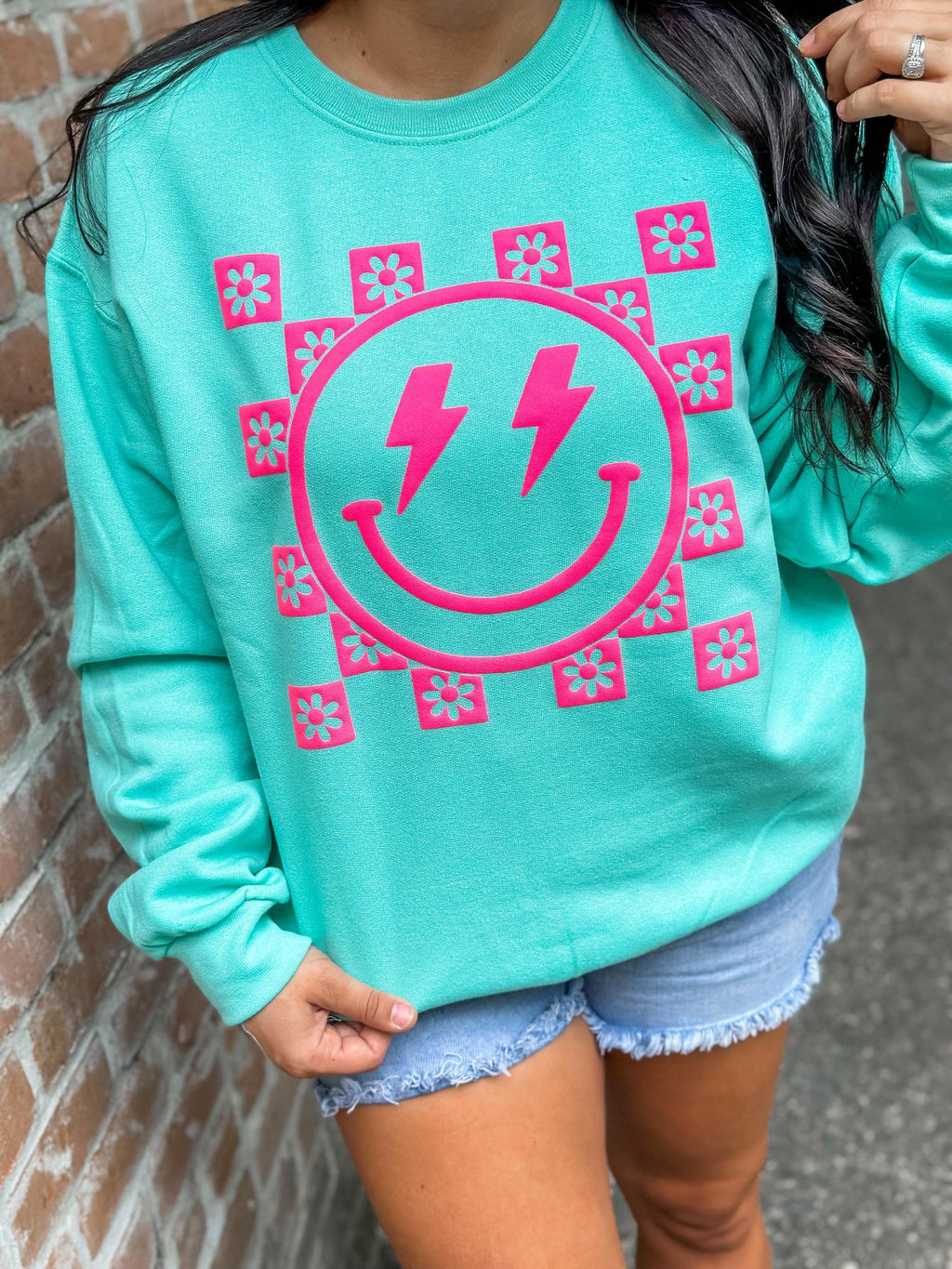 Happy Lightning Floral Checkered Puff Sweatshirt