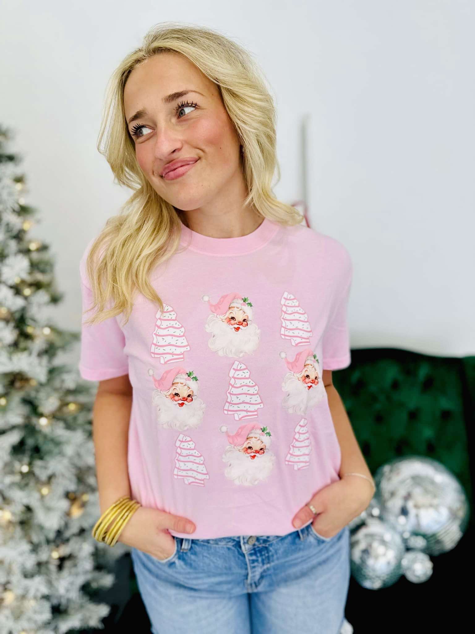 Vintage Santa Christmas Tree Cake Trio Stack Tee