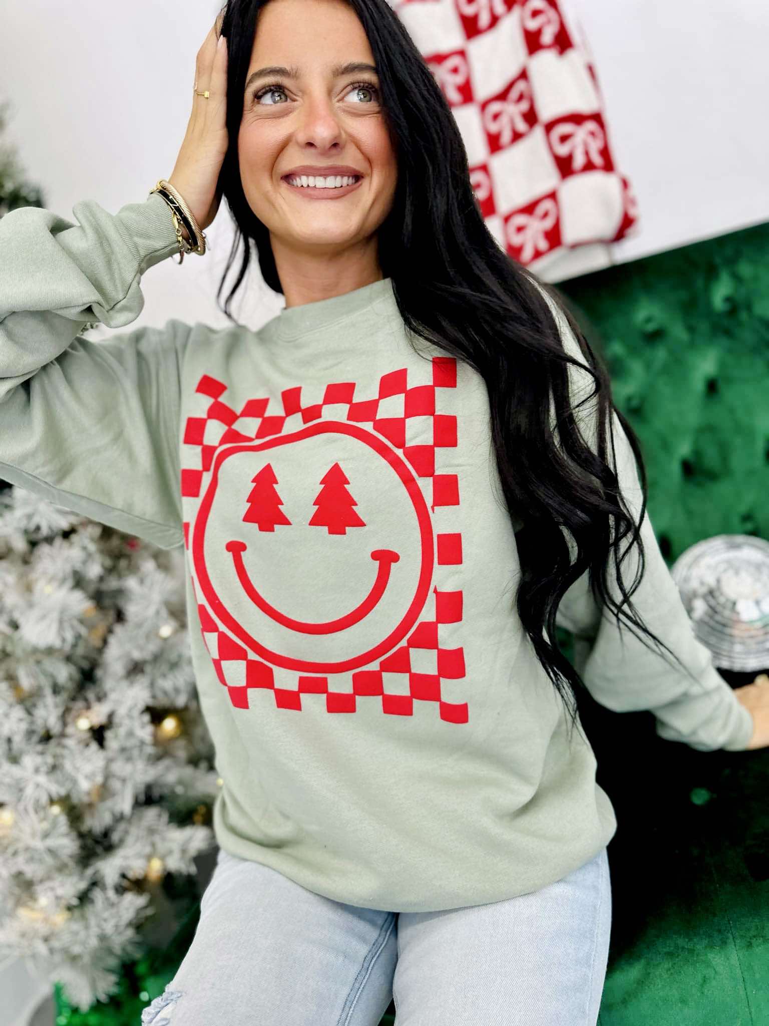 Checkered Happy Face Tree Eyes Puff Sweatshirt