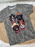 Gray t-shirt with illustrations of dogs wearing hats and bandanas on a textured surface.