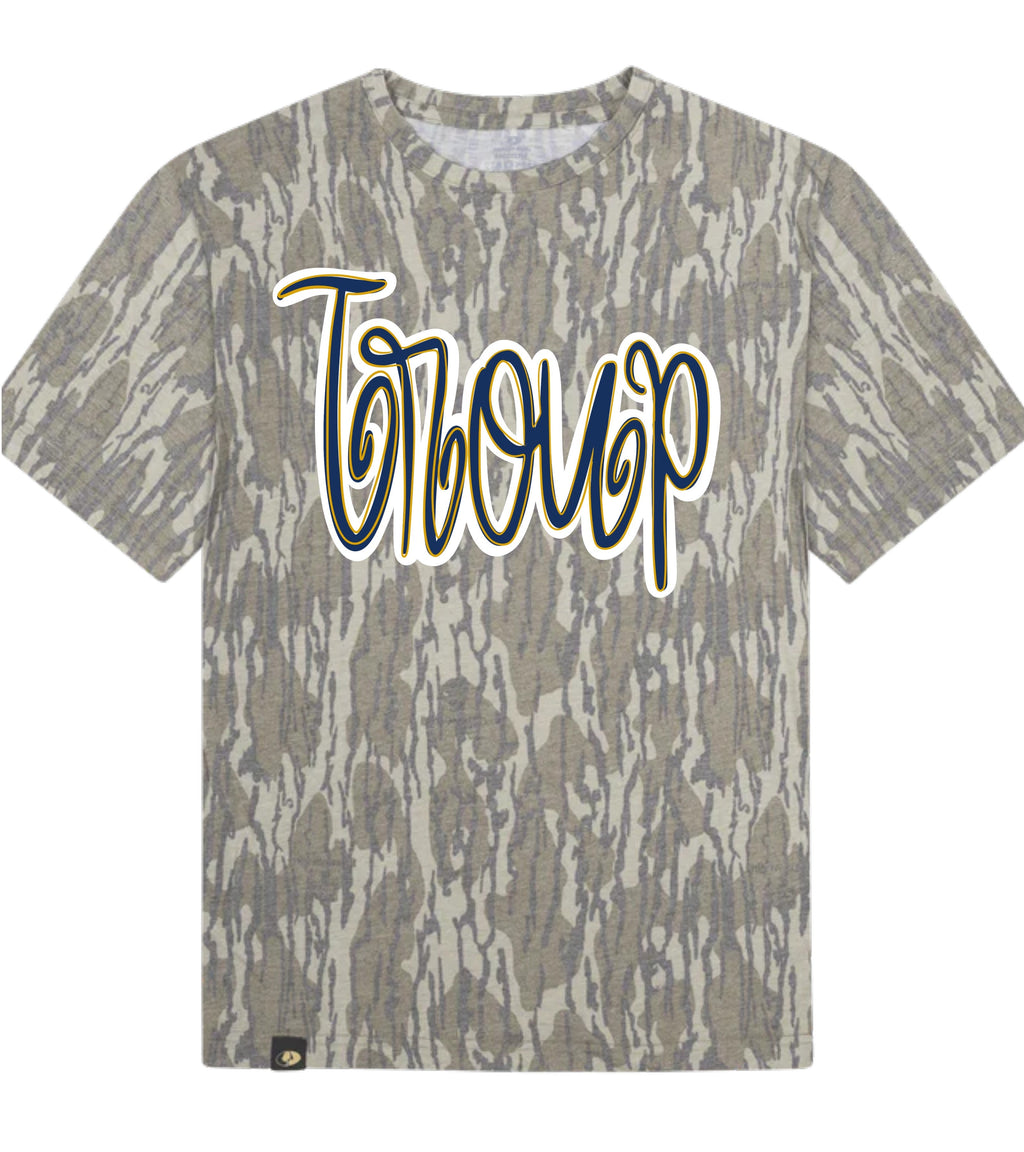 Camouflage-patterned t-shirt with 'Torque' branding on a white background