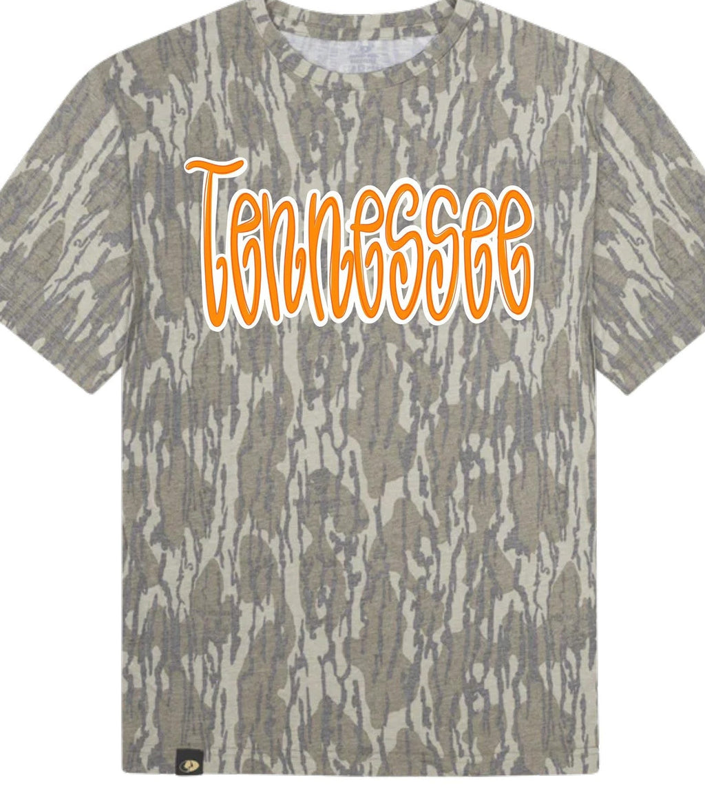 Camouflage t-shirt with 'Tennessee' text on a white background