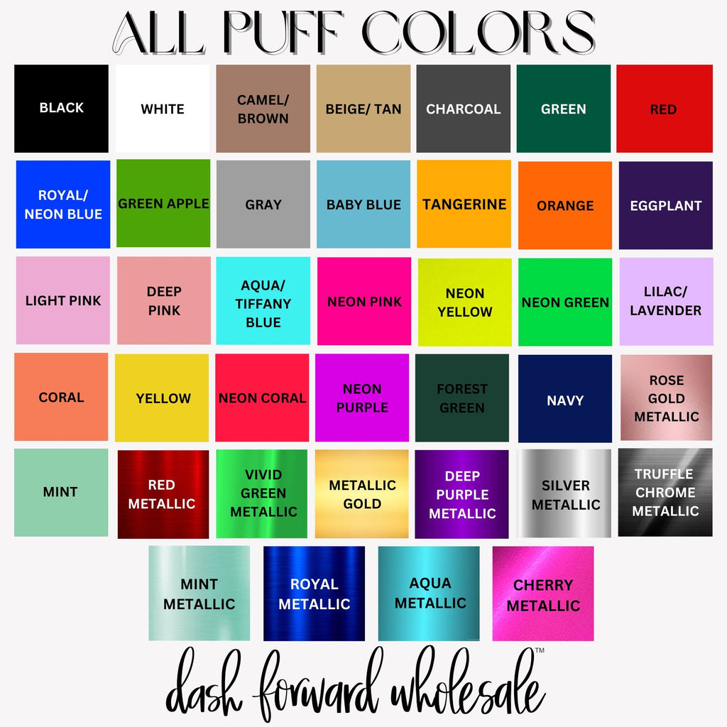 Color swatch chart with various puff color options and 'dash forward wholesale' branding.