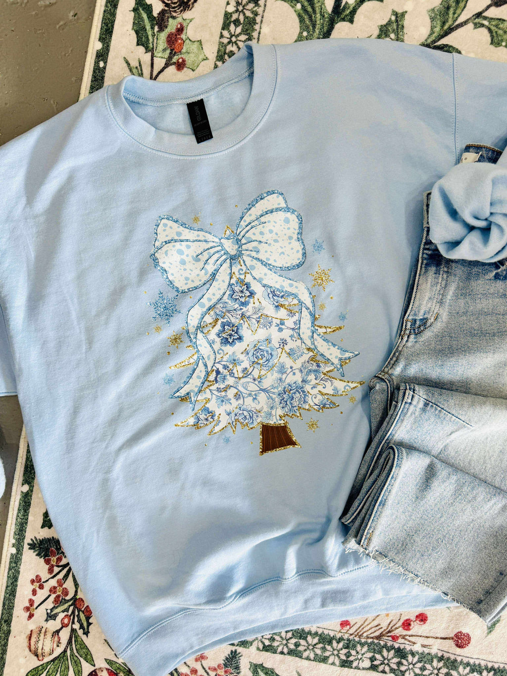 Chino Blue Glitter Tree DTF Graphic Sweatshirt