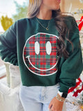 Plaid Happy Face Holiday Graphic Sweatshirt